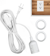 Fabric Cord for Hanging Pendant Lamp Fixture, Lampshades 15 Feet Decorative Braided Flexible Cable E-26/ E-27 Light Bulb Socket & 2 Prong Flat Plug Dimmer Switch with Knob DIY Projects - White