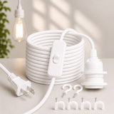 On/Off Switch With Fabric Cord for Hanging Pendant Lamp Fixture, Lampshades 15 Feet Decorative Braided Flexible Cable E-26/ E-27 Light Bulb Socket & 2 Prong Flat Plug (White)