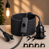 On/Off Switch Fabric Cord for Hanging Pendant Lamp Fixture, Lampshades 15 Feet Decorative Braided Flexible Cable E-26/ E-27 Light Bulb Socket & 2 Prong Flat Plug (Black)