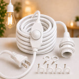 Dimmer Switch Fabric Cord for Hanging Pendant Lamp Fixture, Lampshades 15 Feet Decorative Braided Flexible Cable E-26/ E-27 Light Bulb Socket & 2 Prong Flat Plug - White