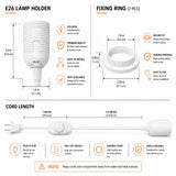 Dimmer Switch Fabric Cord for Hanging Pendant Lamp Fixture, Lampshades 15 Feet Decorative Braided Flexible Cable E-26/ E-27 Light Bulb Socket & 2 Prong Flat Plug - White