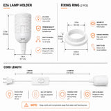 On/Off Switch With Fabric Cord for Hanging Pendant Lamp Fixture, Lampshades 15 Feet Decorative Braided Flexible Cable E-26/ E-27 Light Bulb Socket & 2 Prong Flat Plug (White)