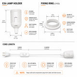 On/Off Switch Regular Cord for Hanging Pendant Lamp Fixture, Lampshades 15 Feet Flexible Cable E-26/ E-27 Light Bulb Socket & 2 Prong Flat Plug (White)