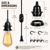 Dimmer Switch Fabric Cord for Hanging Pendant Lamp Fixture, Lampshades 15 Feet Decorative Braided Flexible Cable E-26/ E-27 Light Bulb Socket & 2 Prong Flat Plug (Black)